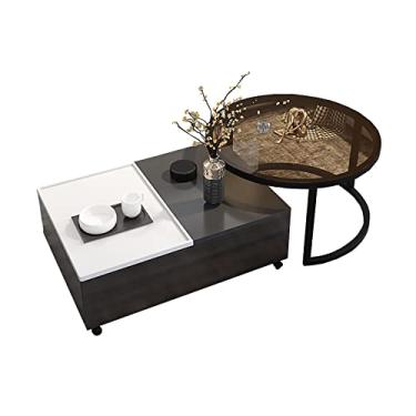 Imagem de U5GAAALPPQ9 Mesa de centro móvel com design de mesa de lazer, mobília de madeira para sala de estar com espaço de armazenamento, conjunto de costura colorida C (costura branca e cinza)