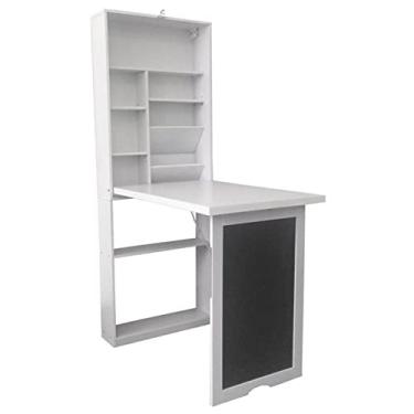 Imagem de IURDSGIEOOOEWSU Mesa de computador dobrável branca moderna, montada na parede, estação de trabalho de escritório em casa com lousa e prateleiras laterais
