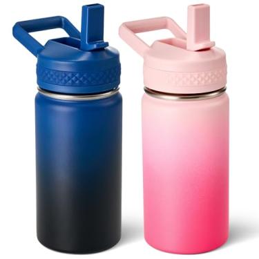 Imagem de Fijinhom Garrafa infantil de 340 g, garrafa de água infantil para meninos e meninas com tampas de canudos, garrafa térmica isolada a vácuo de aço inoxidável 304, livre de BPA, azul e preto + flor de