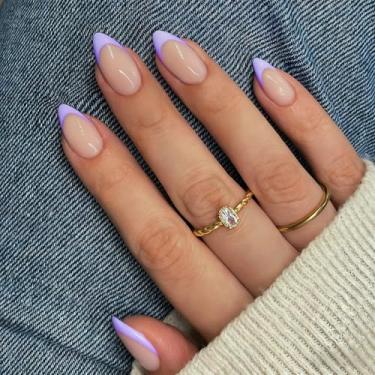 Imagem de SXVME Unhas curtas de amêndoa, roxa, ponta francesa, prensa com cola para mulheres, unhas postiças francesas naturais em 15 tamanhos – Kit de cola de gel macio com 30 unhas, visual realista, clássico