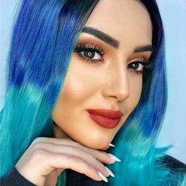 Imagem de Perucas Bob Curtas Azuis Perucas Ombré Sem Cola Natural como Cabelo Real Cabelo Sintético Liso Peruca Corte Bob Pré Arrancado com Cabelo de Bebê, Peruca Frontal de Renda Curta Festa Cosplay