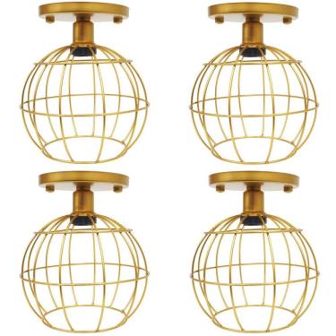 Imagem de 4 Lustres Teto Plafon Industrial Aramado Globo Retrô Luminária Sobrepor Vintage Dourado Agp Ilumini