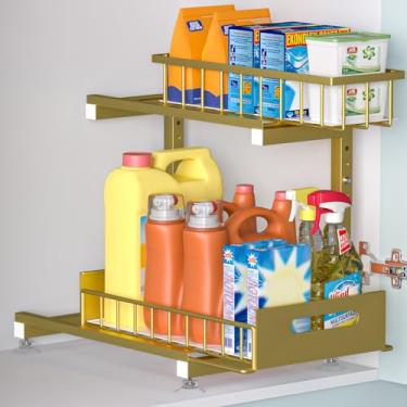 Imagem de Organizador sob a pia, prateleiras de metal premium de 2 camadas com altura ajustável, caixa deslizante resistente para armazenamento de armário de banheiro e cozinha, resistente à ferrugem 1 pacote