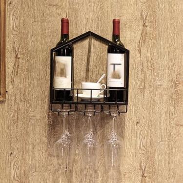 Imagem de Rack de vinho de parede de metal - Prateleira de exibição de garrafa de licor montada na parede com suporte de taça de vinho para bar doméstico, sala de estar ou restaurante - Prateleiras de cozinha