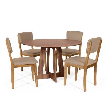 Imagem de Mesa De Jantar Redonda Montreal Noronha Com 4 Cadeiras Estofadas Ella Marrom Claro