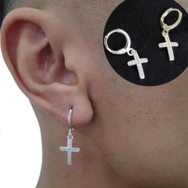 Imagem de Brinco Masculino Prata De Cruz Cravejada Banhado Prata 925 Italiana Cr