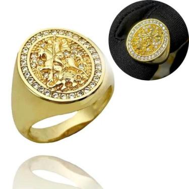 Imagem de Anel Masculino De São Jorge Cravejado Banhado a Ouro 18k Dedeira - Tro