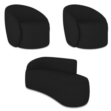 Imagem de Sofá 3 Lugares Orgânico 180cm Morgan e 2 Poltronas Lua Linho Preto D03 - D'Rossi