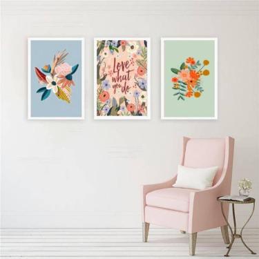 Imagem de Kit 3 Quadros Decorativos Florais Love What You Do