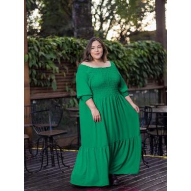 Imagem de Vestido Longo Plus Size Rodado Manga Princesa 3/4 Com Elástico Ajustáv