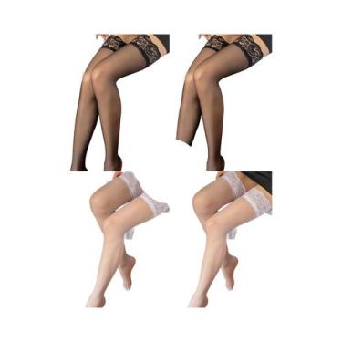 Imagem de Meias Altas De Renda Floral Pretas Para Mulheres, Transparentes, Elást