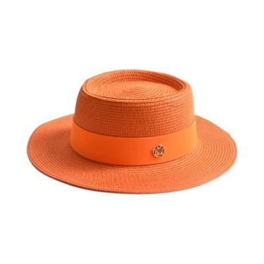 Imagem de Chapéu De Sol Feminino De Palha Para Verão Com Aba Reta E Fita  Boné D