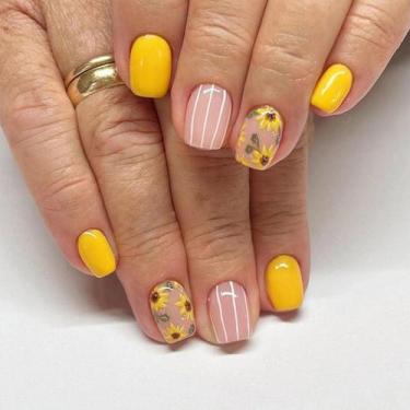 Imagem de Unhas Postiças BDKAIWU Curtas Amarelas com Girassol 24 Peças