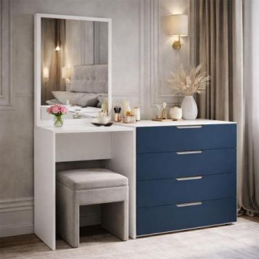 Imagem de Cômoda Madrid 4 Gavetas com Espelho Azul/Branco - Politorno, Azul Clar