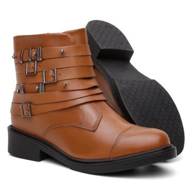 Imagem de Bota Feminina Cano Curto Couro Salto Baixo Casual Fivela