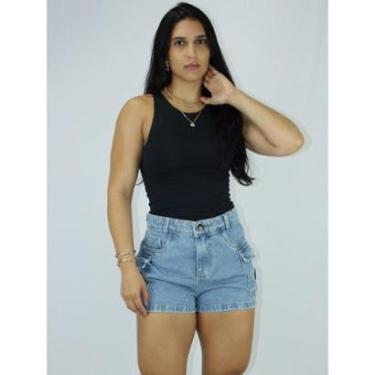 Imagem de Short Jeans Cargo Feminino Bolso Lateral Cintura Alta Confortável Solto Estiloso Look C...