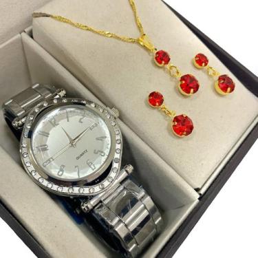 Imagem de Relogio Feminino Dourado Moderno Aço Inox + Kit Folheado - Alra, Prate