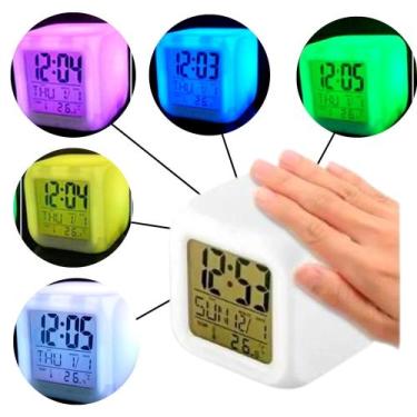 Imagem de Relógio De Mesa Despertador Cubo RGB 7 Cores Led Colorido Alarme Mini 