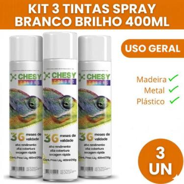 Imagem de Kit 3 tinta spray 400ml uso geral - branco brilhante para madeira meta