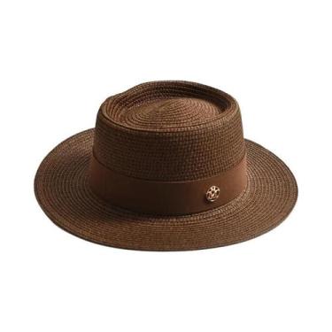 Imagem de Chapéu De Sol Feminino De Palha Para Verão Com Aba Reta E Fita  Boné D