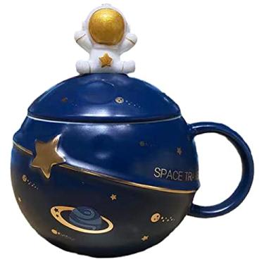 Imagem de Caneca de astronauta com colher de urso de cerâmica xícara de café de cerâmica de desenho infantil Caneca de leite Presente de aniversário Escritório Casa (viagem espacial azul escuro)