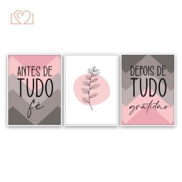 Imagem de 3 Quadros Kit Antes De Tudo Fé Depois Gratidão Rosa 32x23Cm