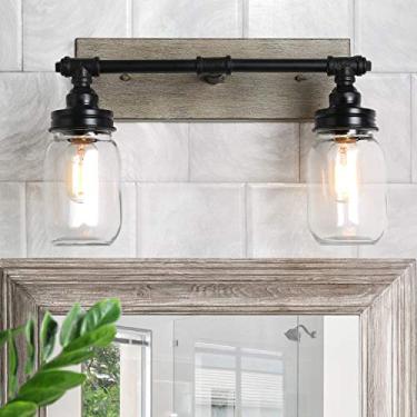 Imagem de LALUZ Luminária de banheiro de madeira falsa, Farmhouse 2 Vanity Light with Mason Jar Shades (acabamento preto)