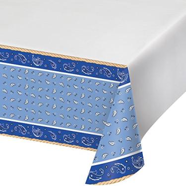 Imagem de Creative Converting Toalha de mesa de plástico com impressão de borda, 137 x 259 cm, bandana azul caubói