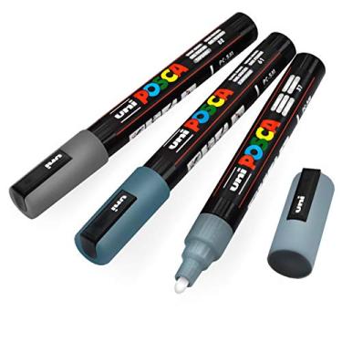 Imagem de Posca Conjunto de 3 marcadores de tinta de cinza médio; marcadores de 5 m com pontas reversíveis, conjunto de canetas de tinta acrílica para materiais de arte; tinta de tecido; marcadores de tecido