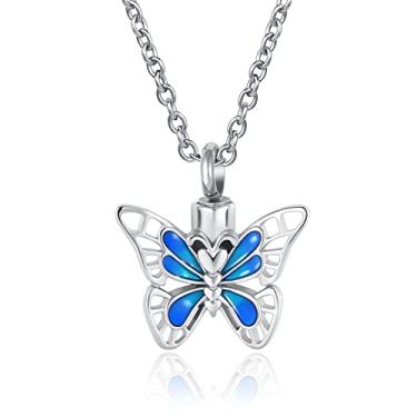 Imagem de MZC Jewelry Colar de urna de cremação de borboleta azul para cinzas pingente memorial para mulheres homens, Aço inoxidável