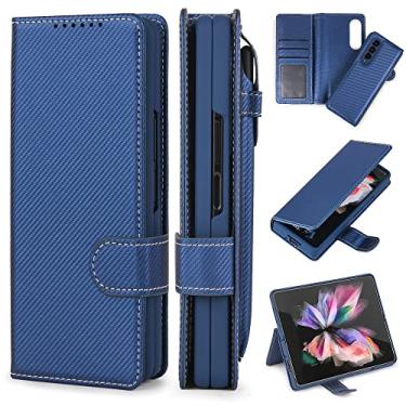 Imagem de Estojo destacável para Samsung Galaxy Z Fold 3 Fold 4 Moda Couro PU Magnetic Kickstand Cover com Stylus, Sarja Azul, Para Samsung Z Fold 3