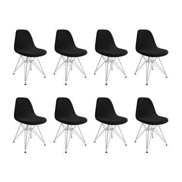 Imagem de Kit 8 Cadeiras Jantar Eames Eiffel Estofadas Preto Base Ferro Branco