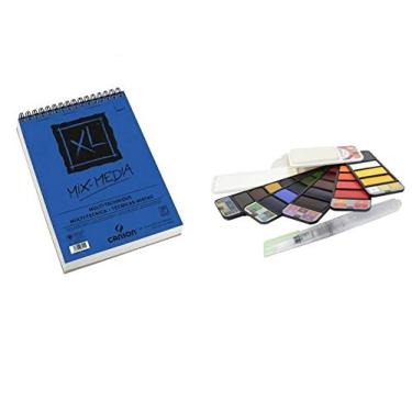 Imagem de Kit Aquarela Leque Sinoart 25+Pincel Reservatório+Canson Xl Mix Media 300g A4 30 fls