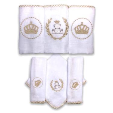 Imagem de Kit 6 Fraldas De Pano para Bebê Bordada (3 de Ombro + 3 De Boca) (Coroa Dourada (Coroa e Ursinho))