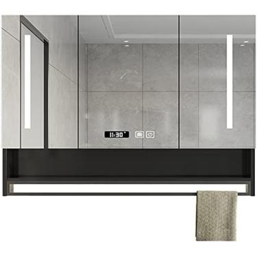 Imagem de Armário De Remédios Para Banheiro, Espelho LED De 36 X 28 Pol., Armário De Espelho De Parede Antiembaçante, Armazenamento Multiuso, Armário De Espelho De Banheiro Moderno Com Barra De Toalha,Preto