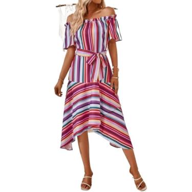 Imagem de Camisa Feminina Striped Off Shoulder Ruffle Hem Belted Dress (Color : Multicolor, Size : CH)