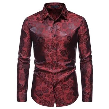 Imagem de Camisa social masculina com estampa de flor rosa vermelha vinho manga longa slim fit camisa masculina para festa do noivo clube, Vinho tinto, GG