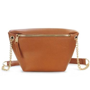 Imagem de Pochete feminina de couro vegano, corrente cruzada, bolsa de peito, bumbum, quadril, cintura para viagens, atividades ao ar livre, caminhadas, Marrom, Pochete feminina com corrente transversal