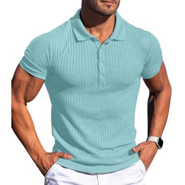 Imagem de Askdeer Camisas polo masculinas manga longa/curta slim fit camisas polo clássicas stretch camisetas de golfe, A10 Azul-claro, GG