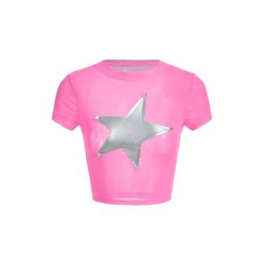 Imagem de Milumia Camiseta feminina Y2k Star Sheer Mesh cropped manga curta gola redonda sexy, rosa, G