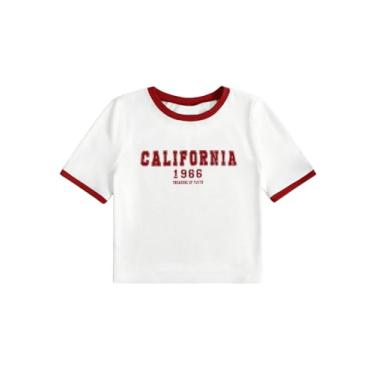 Imagem de SweatyRocks Camiseta feminina de verão com estampa de letras, casual, manga curta, cropped, Branco e vermelho, G