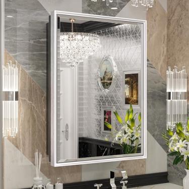 Imagem de Keonjinn Armários de remédios de banheiro prateados de 43,2 cm x 63,5 cm com espelho, espelho chanfrado embutido ou montado na parede de liga de alumínio com armazenamento, 2 prateleiras ajustáveis