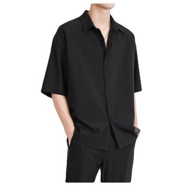 Imagem de Dressnu Camisa masculina de manga curta blusa de seda gelo de verão, Preto, 5G