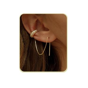 Imagem de Brincos femininos huggie de ouro delicado 14 k com pingente de corrente de borla, brincos pequenos de argola para mulheres, adolescentes, zircônia cúbica, brincos cintilantes, clipe feminino, Zircônia