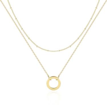 Imagem de BOUTIQUELOVIN Colar de ouro em camadas para mulheres, feito à mão, com pingente de argola 14K, joia hipoalergênica, Ouro, Sem Pedra Preciosa