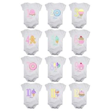 Imagem de Kit 12 Body Bebê Calupa Mesversario Manga Curta Docinhos 1 a 12 meses-Feminino