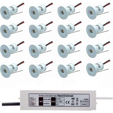 Imagem de Mini holofote embutido LED 12V 1W Refletor de teto com transformador de 30W, foco regulável embutido multicolorido de 15mm, pacote com 16, luz verde, 30 graus