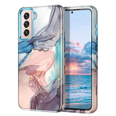 Imagem de Btscase Capa para Samsung S21 FE 5G 2022, estampa de mármore 3 em 1 resistente à prova de choque, corpo inteiro, policarbonato rígido robusto + capa protetora de silicone macio para mulheres e meninas para Samsung Galaxy S21 FE 5G, azul e cinza