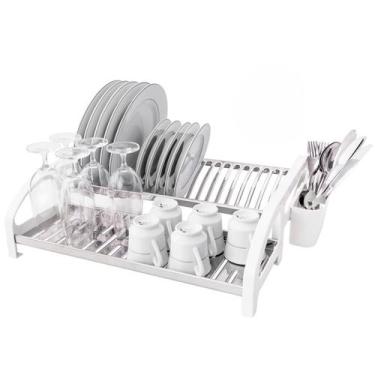 Imagem de Escorredor Cama 20 Pratos Inox Branco Com Porta Talheres - Domum