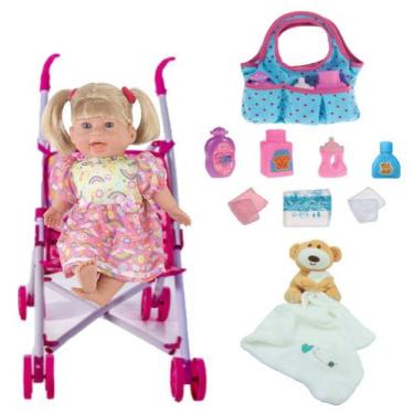 Imagem de Kit Boneca Fax Xixi + Naninha Pelucia + Carrinho + Bolsinha - Milk Bri